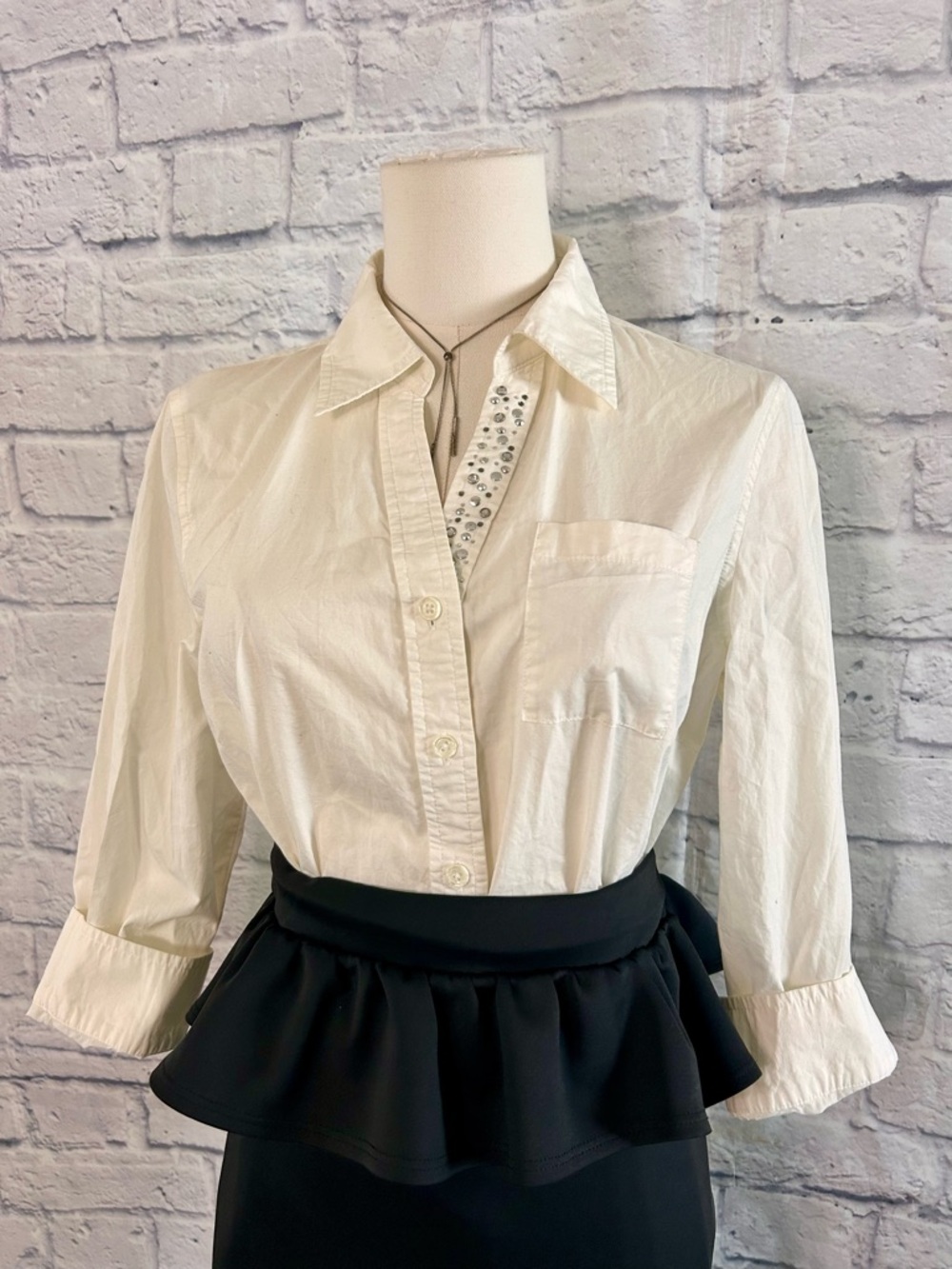 2 Piece Styled Outfit White Blouse w Gems Collar Black Peplum Pencil Midi Skirt - Picture 4 of 12